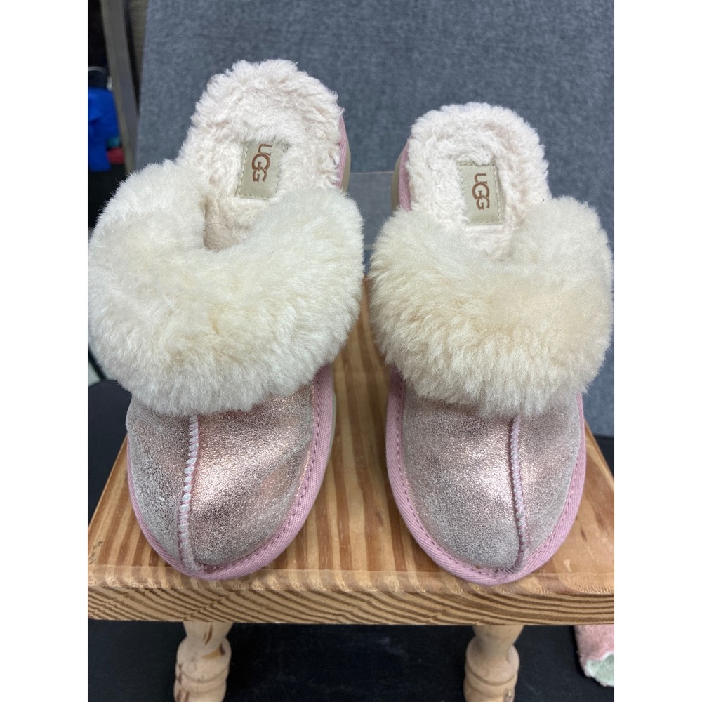 UGG Coquette Metallic Rose Pink Sheepskin Slippers Slides Girls Size 13